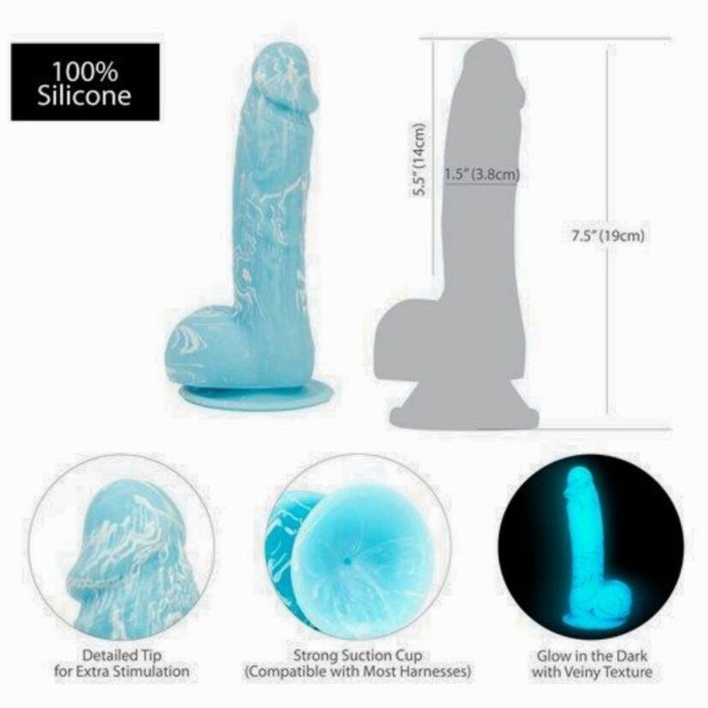 Addiction Luke GITD Dong diagram showing the dimensions and further info such as close-up of the tip, suction cup base, and glowing in the dark