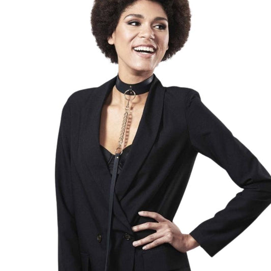 What the Bijoux Indiscrets Maze Choker with Leash looks like from the front when worn