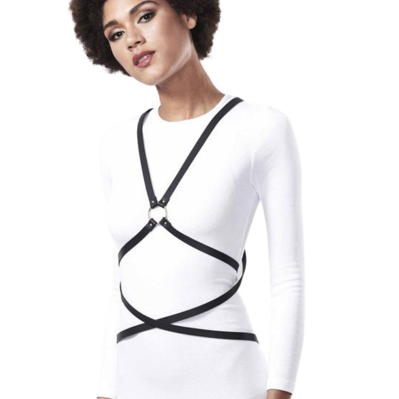 How the Bijoux Indiscrets Maze Multi-Way Body Harness looks like from the front when worn