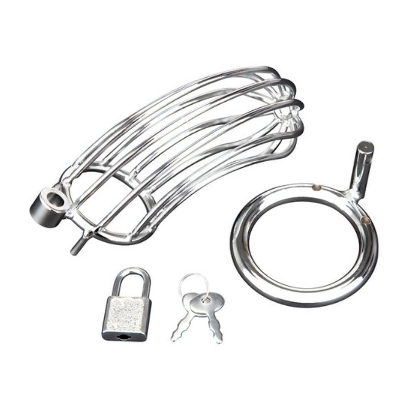 All the pieces of the Blue Line Prisoner Cock Cage when unassembled, including the lock and key