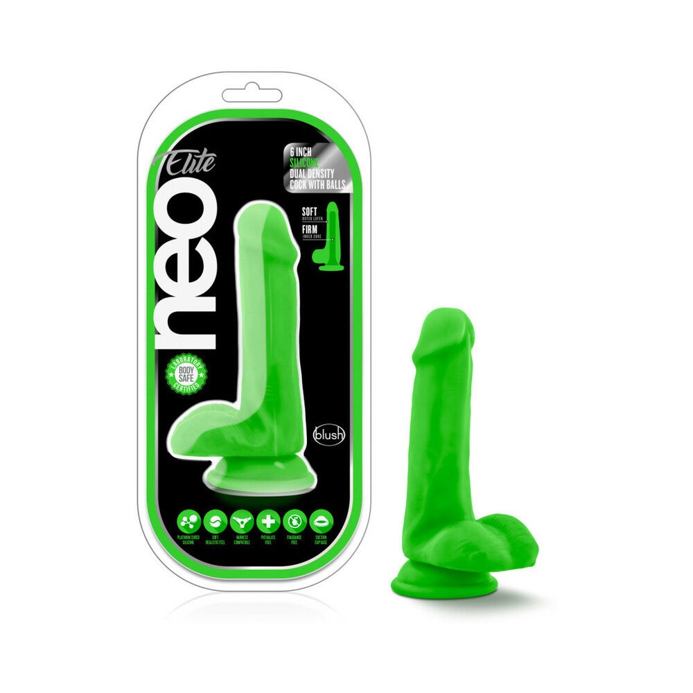 Blush Neo Elite 6 in. Dual Density Dildo with Balls-Neon Green-