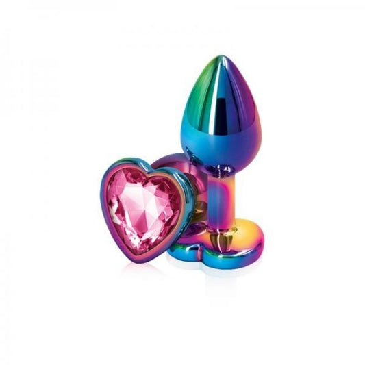 2 Rear Assets Mulitcolor Heart Medium Pink plugs, one positioned on side showing the pink heart base, the other standing upright on base