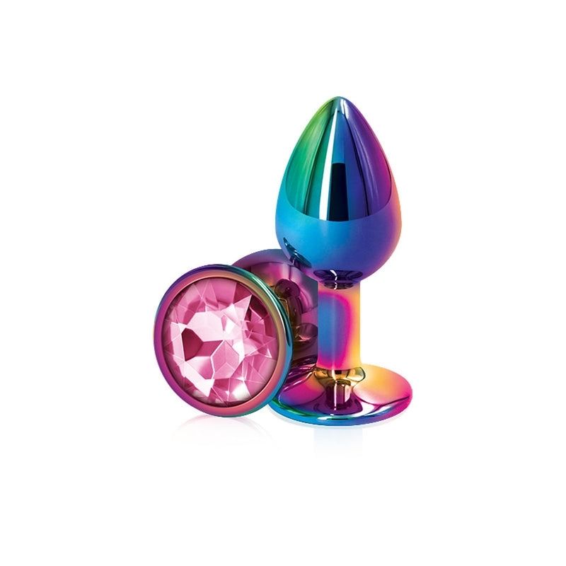 2 Rear Assets Mulitcolor Medium Pink plugs, one positioned on side showing the pink base, the other standing upright on base