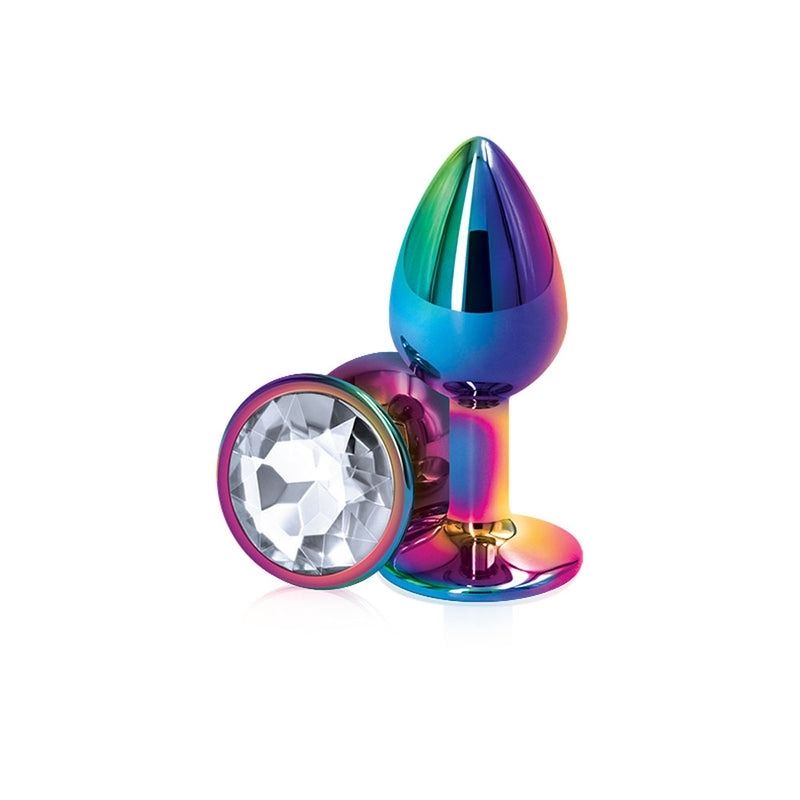 2 Rear Assets Mulitcolor Small Clear plugs, one positioned on side showing the clear base, the other standing upright on base