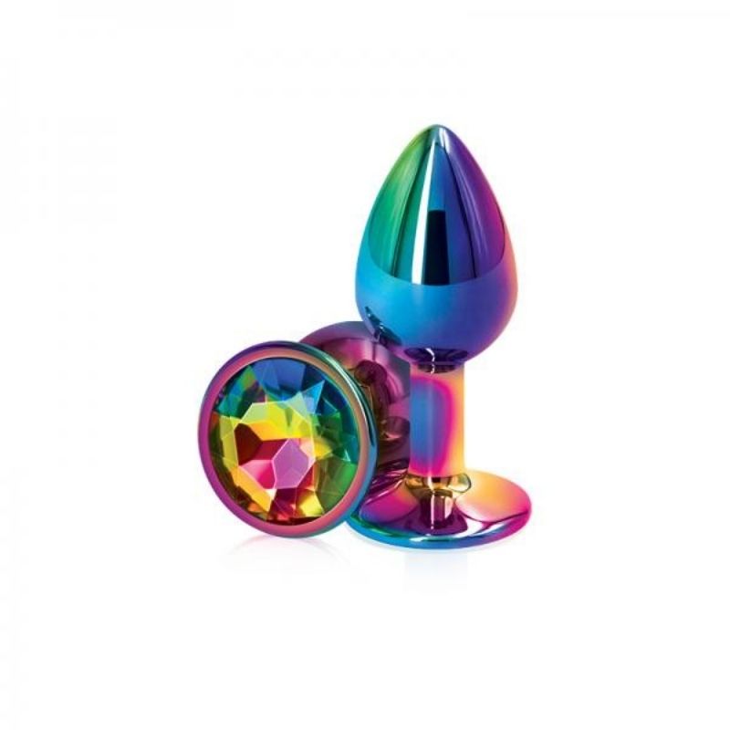2 Rear Assets Mulitcolor Small Rainbow plugs, one positioned on side showing the rainbow base, the other standing upright on base