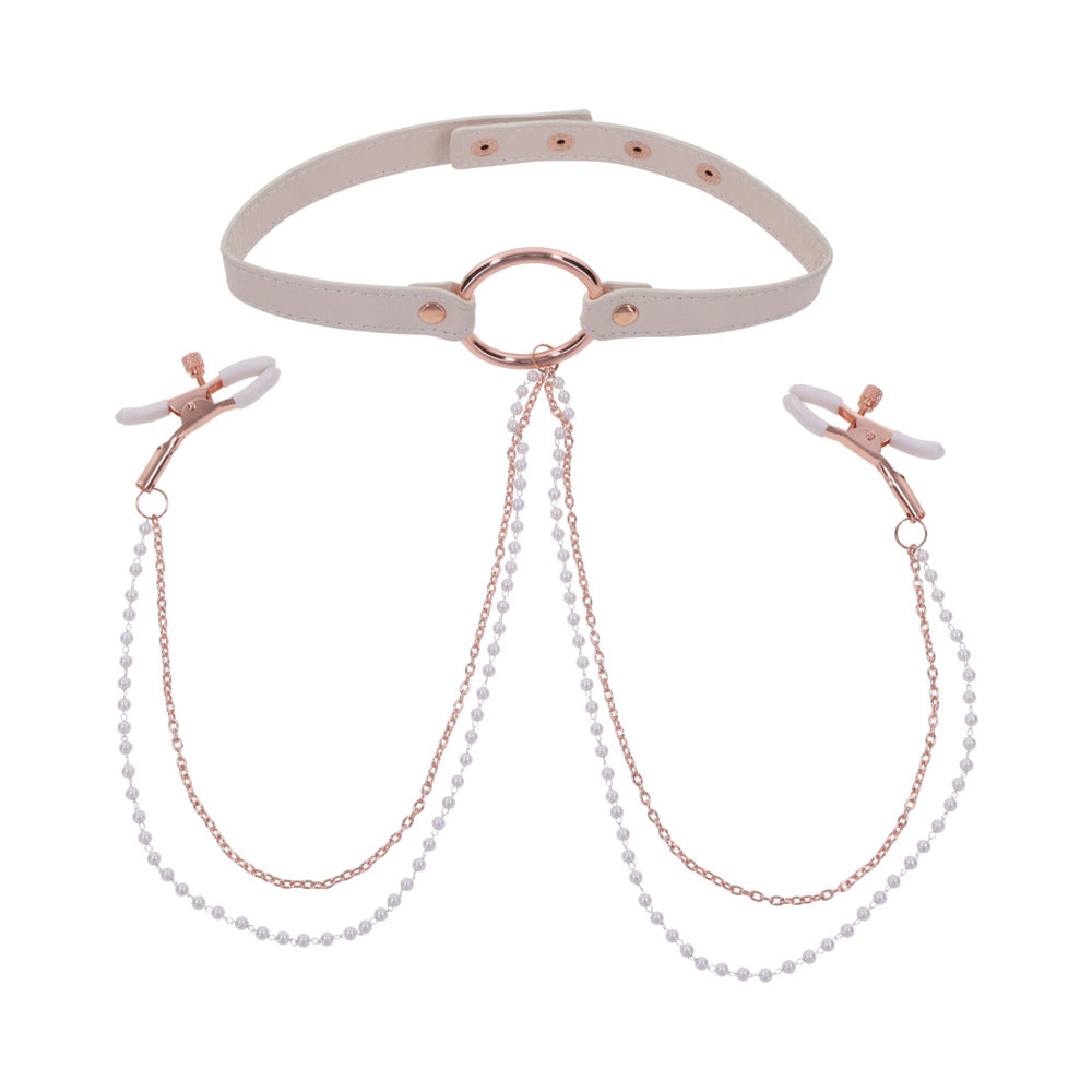 Sportsheets Sex & Mischief Peaches 'n CreaMe Collar with Nipple Clamps-