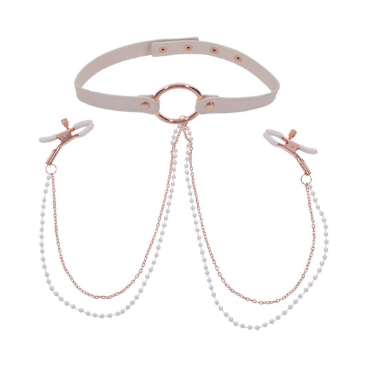 Sportsheets Sex & Mischief Peaches 'n CreaMe Collar with Nipple Clamps-